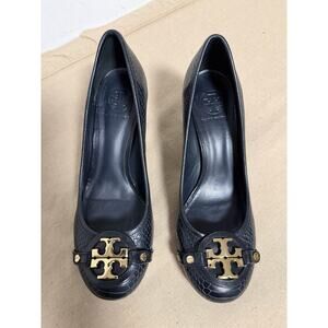 Tory Burch Shoes Womens Size 8 Black Leather Snakeskin Block Heel Logo Pumps